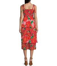 Midnight Doll Floral Print Tie Straps Smocked Bodice Tiered Maxi Dress