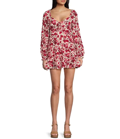 Midnight Doll Floral Print V-Neck Long Sleeve Tiered Dress