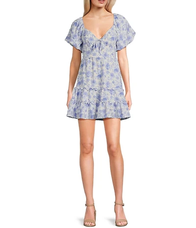 Midnight Doll Floral Print V-Neck Short Puff Sleeve Tiered Dress