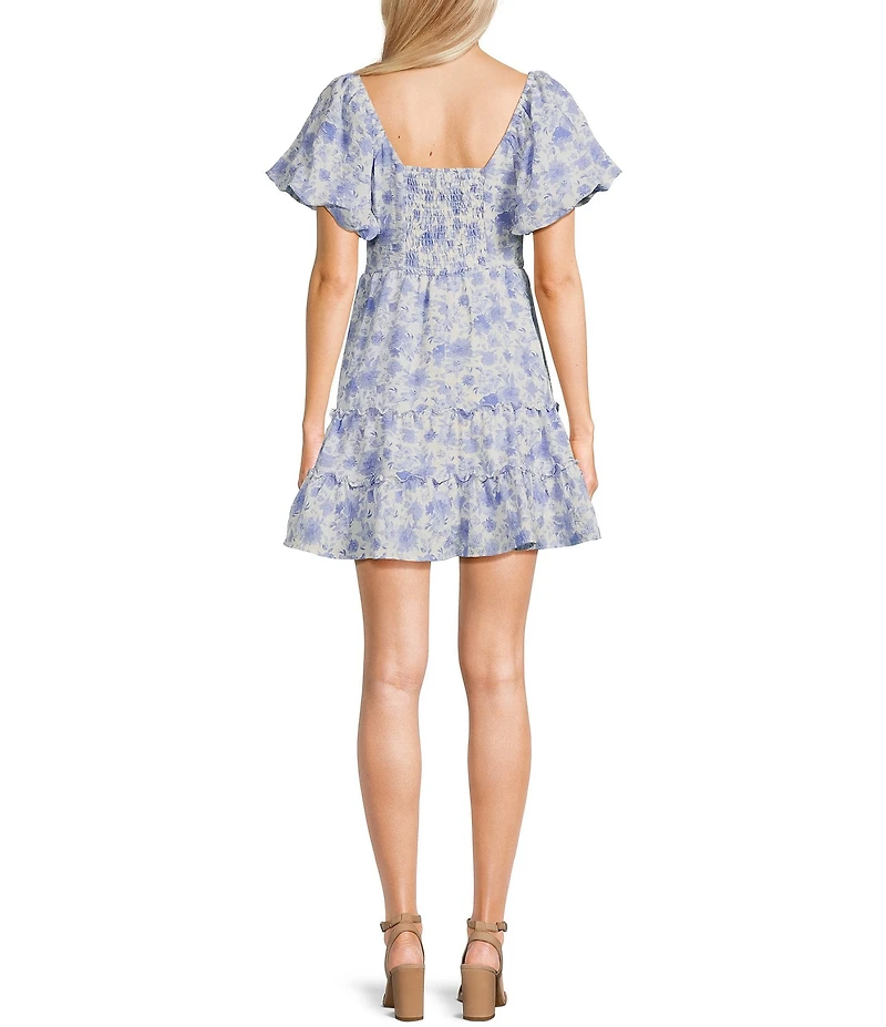 Midnight Doll Floral Print V-Neck Short Puff Sleeve Tiered Dress