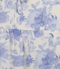 Midnight Doll Floral Print V-Neck Short Puff Sleeve Tiered Dress