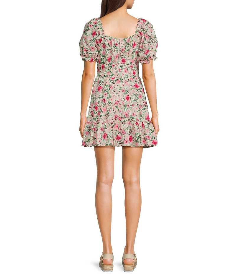 Midnight Doll Floral Print V-Neck Short Puff Sleeve Tiered Dress