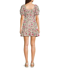 Midnight Doll Floral Print V-Neck Short Puff Sleeve Tiered Dress