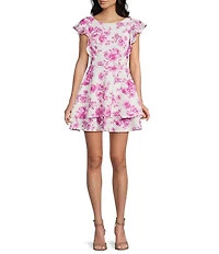 Midnight Doll Floral Printed Boat Neck Flare Sleeve Double Hem Dress