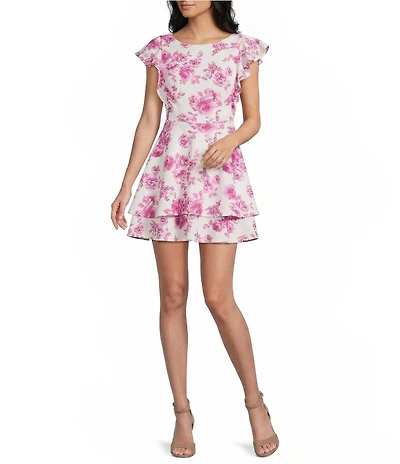 Midnight Doll Floral Printed Boat Neck Flare Sleeve Double Hem Dress