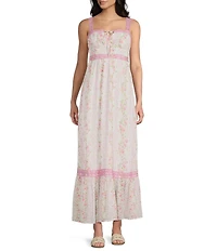 Midnight Doll Floral Printed Clip-Dot Lace Trim Tie Front Maxi Dress