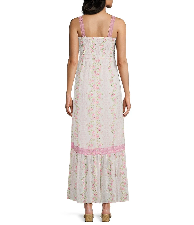 Midnight Doll Floral Printed Clip-Dot Lace Trim Tie Front Maxi Dress