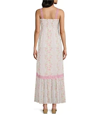 Midnight Doll Floral Printed Clip-Dot Lace Trim Tie Front Maxi Dress
