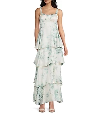 Midnight Doll Floral Printed Satin Scoop Neck Spaghetti Strap Tiered Dress