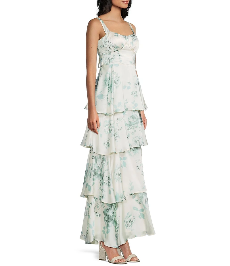 Midnight Doll Floral Printed Satin Scoop Neck Spaghetti Strap Tiered Dress