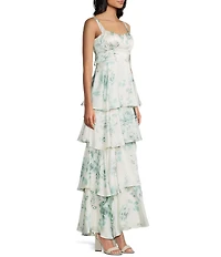 Midnight Doll Floral Printed Satin Scoop Neck Spaghetti Strap Tiered Dress