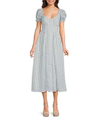 Midnight Doll Floral Printed Short Puff Sleeve Scoop Neck Tie Bow Back Midi Dress