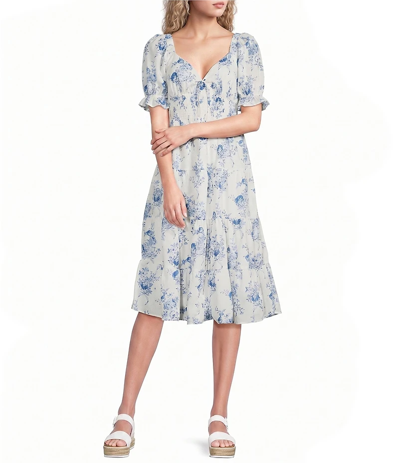 Midnight Doll Floral Printed Short Puff Sleeve Smocked Tie Front Tiered Midi Dress