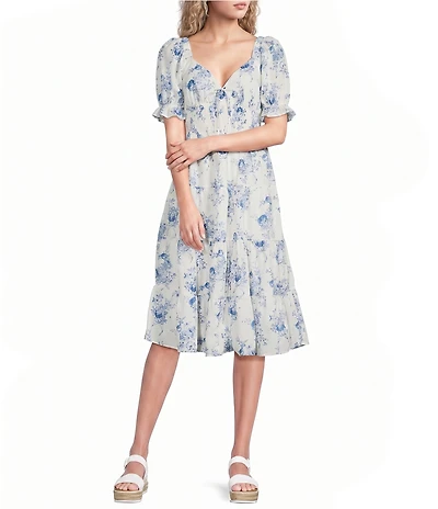 Midnight Doll Floral Printed Short Puff Sleeve Smocked Tie Front Tiered Midi Dress