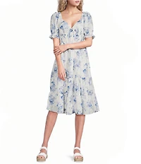 Midnight Doll Floral Printed Short Puff Sleeve Smocked Tie Front Tiered Midi Dress