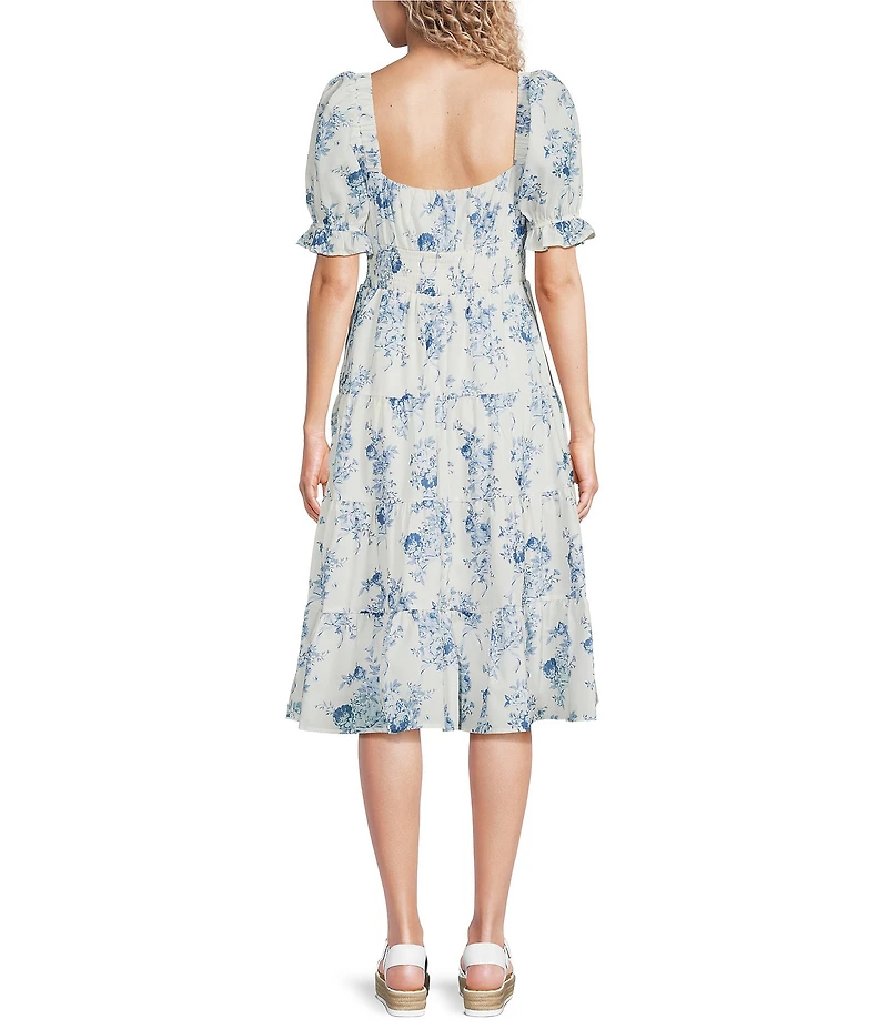 Midnight Doll Floral Printed Short Puff Sleeve Smocked Tie Front Tiered Midi Dress