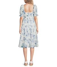 Midnight Doll Floral Printed Short Puff Sleeve Smocked Tie Front Tiered Midi Dress