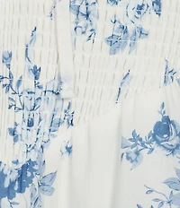 Midnight Doll Floral Printed Short Puff Sleeve Smocked Tie Front Tiered Midi Dress