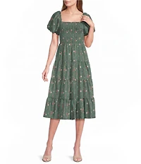 Midnight Doll Floral Printed Smocked Bubble Sleeve Tiered Midi Dress