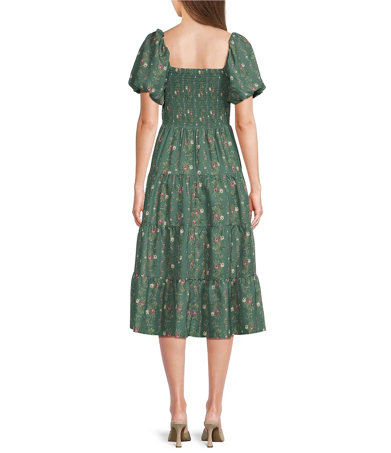 Midnight Doll Floral Printed Smocked Bubble Sleeve Tiered Midi Dress