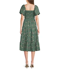 Midnight Doll Floral Printed Smocked Bubble Sleeve Tiered Midi Dress