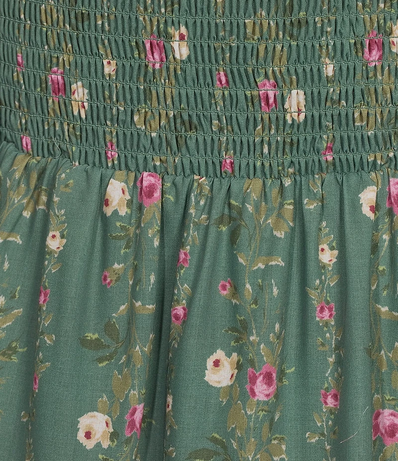 Midnight Doll Floral Printed Smocked Bubble Sleeve Tiered Midi Dress
