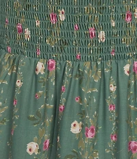 Midnight Doll Floral Printed Smocked Bubble Sleeve Tiered Midi Dress