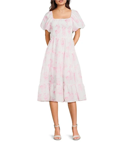 Midnight Doll Floral Printed Square Neck Bubble Sleeve Tiered Midi Dress