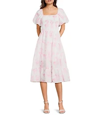 Midnight Doll Floral Printed Square Neck Bubble Sleeve Tiered Midi Dress
