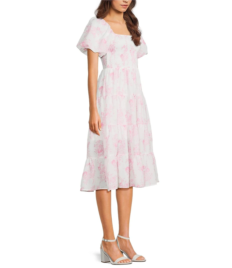 Midnight Doll Floral Printed Square Neck Bubble Sleeve Tiered Midi Dress