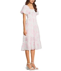 Midnight Doll Floral Printed Square Neck Bubble Sleeve Tiered Midi Dress