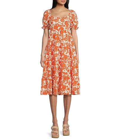 Midnight Doll Floral Printed Square Neck Short Puff Sleeve Bow Back Tiered Midi Dress