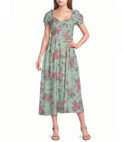 Midnight Doll Floral Printed Square Neck Short Puff Sleeve Open Tie Back Maxi Dress
