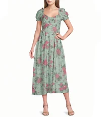 Midnight Doll Floral Printed Square Neck Short Puff Sleeve Open Tie Back Maxi Dress