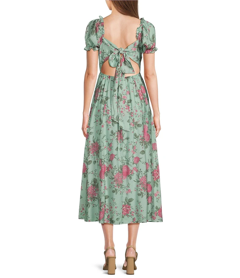 Midnight Doll Floral Printed Square Neck Short Puff Sleeve Open Tie Back Maxi Dress