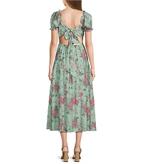 Midnight Doll Floral Printed Square Neck Short Puff Sleeve Open Tie Back Maxi Dress