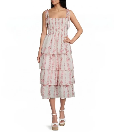 Midnight Doll Floral Printed Square Neck Tie Strap Smocked Bodice Ruffle Tiered Midi Dress