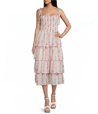 Midnight Doll Floral Printed Square Neck Tie Strap Smocked Bodice Ruffle Tiered Midi Dress