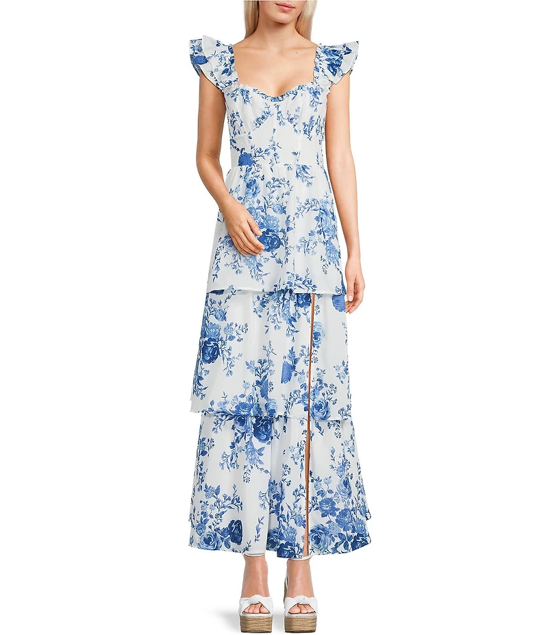 Midnight Doll Floral Printed Sweetheart Neck Ruffle Sleeve Tiered Maxi Dress