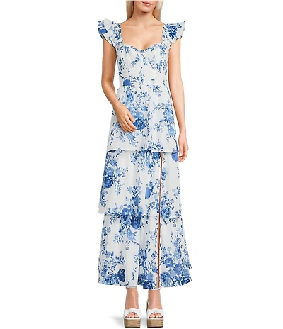 Midnight Doll Floral Printed Sweetheart Neck Ruffle Sleeve Tiered Maxi Dress