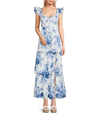 Midnight Doll Floral Printed Sweetheart Neck Ruffle Sleeve Tiered Maxi Dress