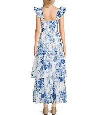Midnight Doll Floral Printed Sweetheart Neck Ruffle Sleeve Tiered Maxi Dress