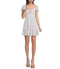 Midnight Doll Floral Printed V-Neck Short Sleeve Smocked Back Mini Dress