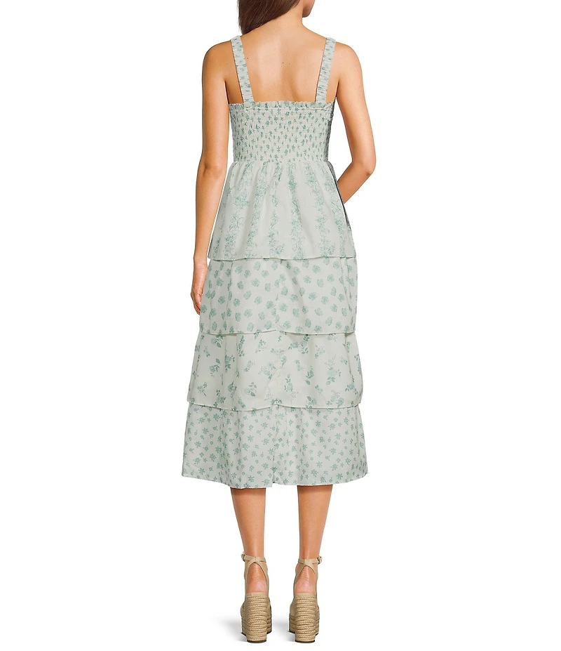 Midnight Doll Floral Printed V-Neck Smocked Bodice Tiered Maxi Dress