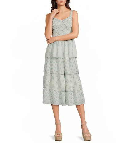 Midnight Doll Floral Printed V-Neck Smocked Bodice Tiered Maxi Dress