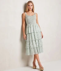 Midnight Doll Floral Printed V-Neck Smocked Bodice Tiered Midi Dress