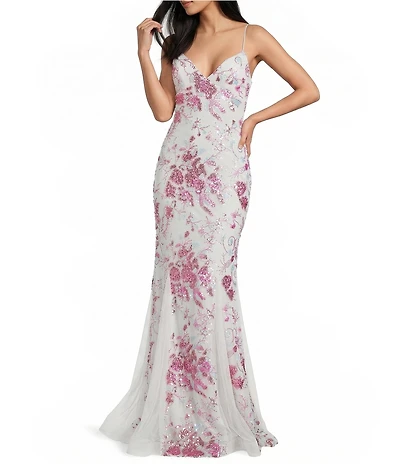 Midnight Doll Floral Sequin Beaded Mesh V-Neck Lace Up Back Dress