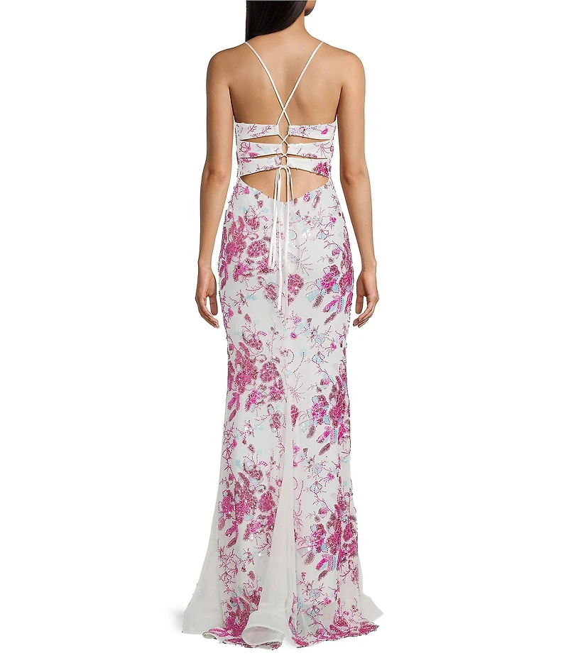 Midnight Doll Floral Sequin Beaded Mesh V-Neck Lace Up Back Dress