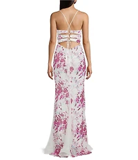 Midnight Doll Floral Sequin Beaded Mesh V-Neck Lace Up Back Dress