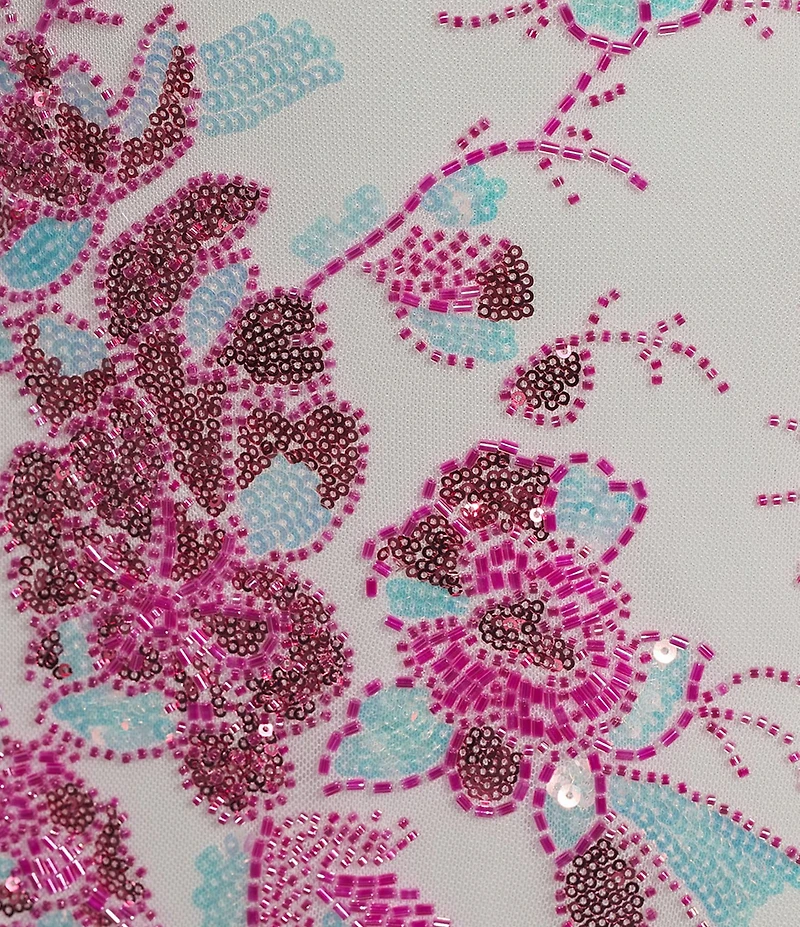 Midnight Doll Floral Sequin Beaded Mesh V-Neck Lace Up Back Dress